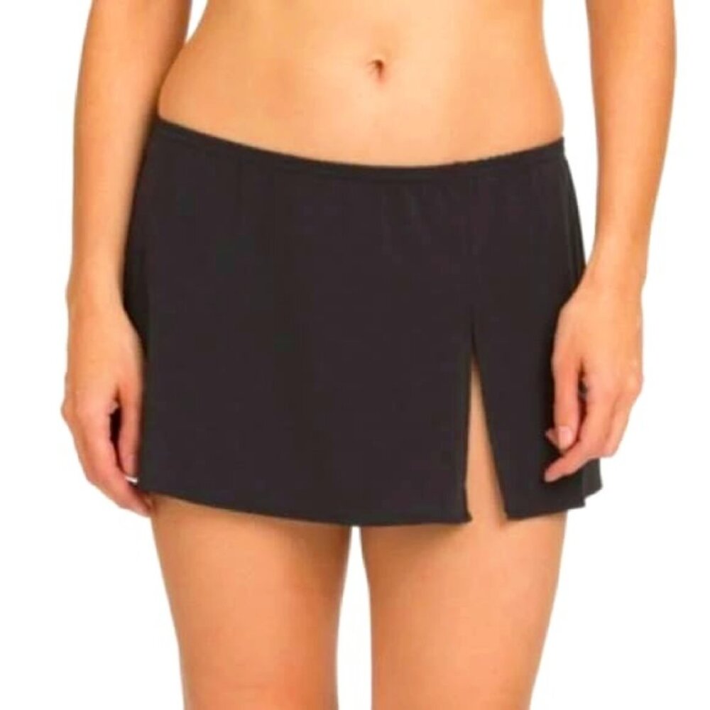 PERRY ELLIS Y2K Hipster Swim Skirt Bikini Bottoms Black w Silver Metal Logo M